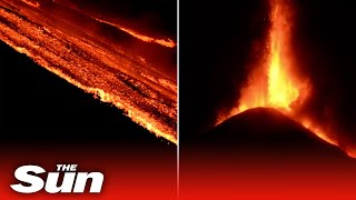 Spectacular scenes as Sicilys Mount Etna erupts for the fourth time in as many days [upl. by Aibos]