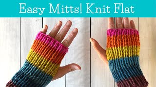 Easy Fingerless Mitts Flat Knitting on Straight Needles  Beginner Knitting [upl. by Yelssew]