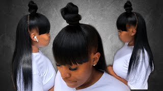 HalfUp HalfDown Quickweave with Top Knot Bun with Faux Bangs [upl. by Mariette]