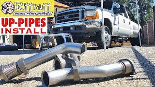 2001 F350 73  RiffRaff UpPipes Install  Stock up pipes leaking and falling apart JUNK SP [upl. by Nnanerak896]