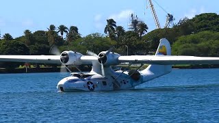 WW2 PBY Catalina Amphibious Aircraft Conducts Water Takeoff At Pearl Harbor Hawaii [upl. by Lindahl]