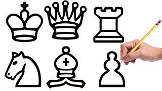 How to draw Chess Pieces Pawn Bishop Rook King Queen Knight [upl. by Ailegna677]