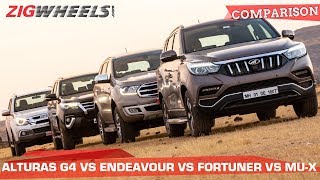 🚙 Mahindra Alturas vs 🚙Ford Endeavour vs 🚙Toyota Fortuner vs Isuzu MUX SUV SMACKDOWN  ZigWheels [upl. by Alleon]